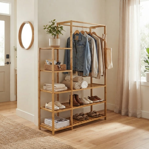 Bamboo Wood Clothing Garment Rack with Shelves Clothes Hanging Rack Stand