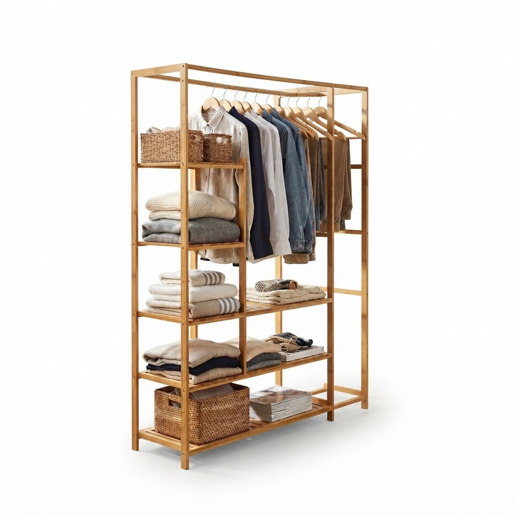 Bamboo Wood Clothing Garment Rack with Shelves Clothes Hanging Rack Stand